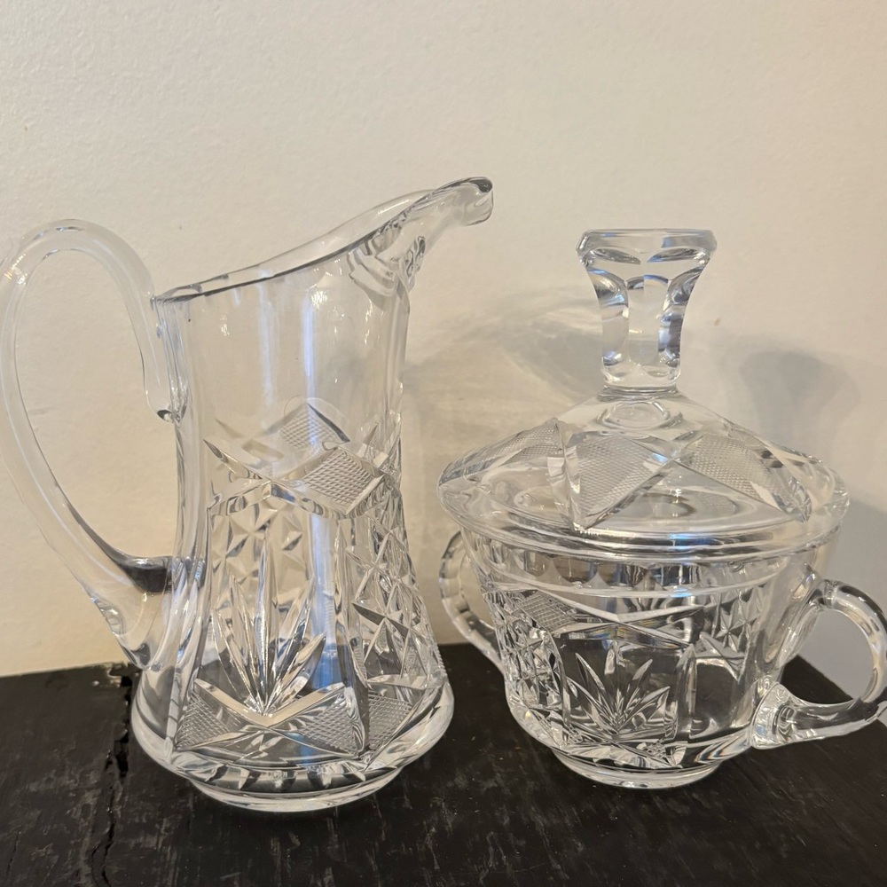 Vintage lead crystal sugar and creamer set with etched designs
